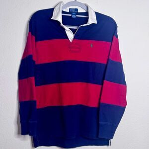 Polo Ralph Lauren Boys Rugby Shirt 12/14 Navy Red Striped Cotton EUC